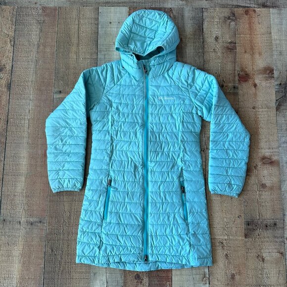 Columbia Girls Size Medium 10/12 Long Length Light Blue Puffer Jacket With Hood - Picture 1 of 11